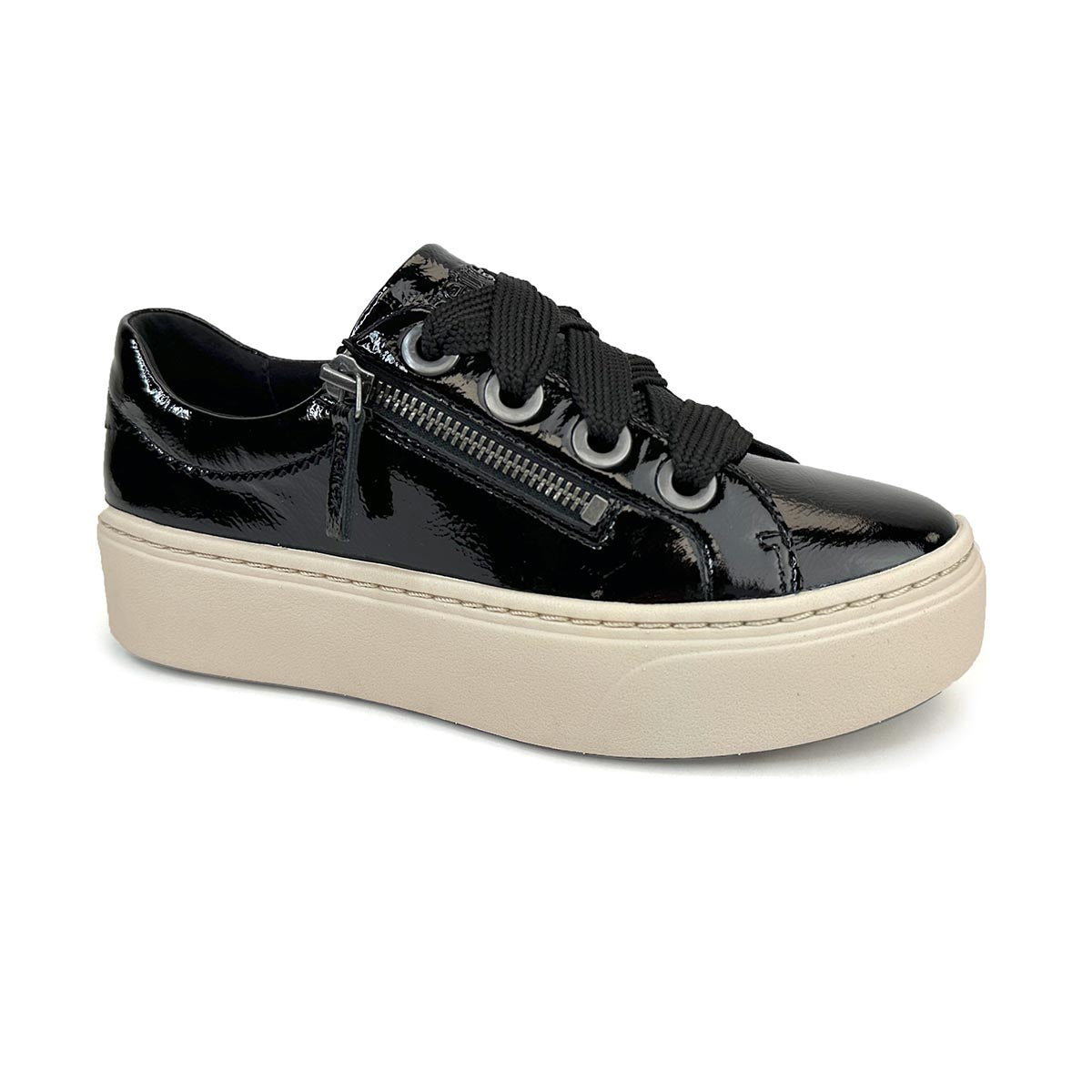 Black patent Aetrex platform sneaker with a beige sole, black laces, and a side zipper, CX150