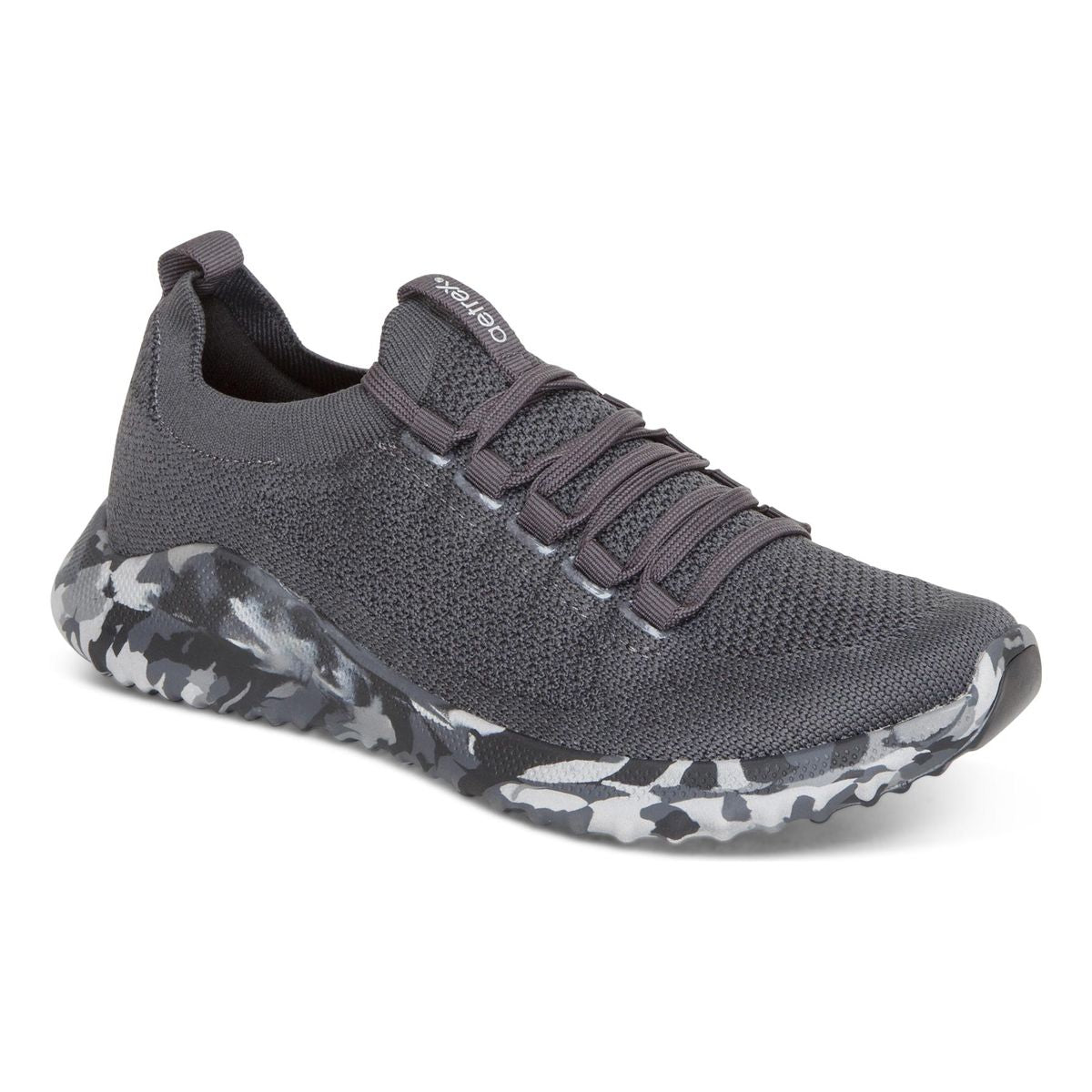 Aetrex Carly Women’s Sneakers in Charcoal Camo featuring a modern lace-up design, cushioned heel, and built-in arch support for comfort and foot pain relief. Style #AS206W