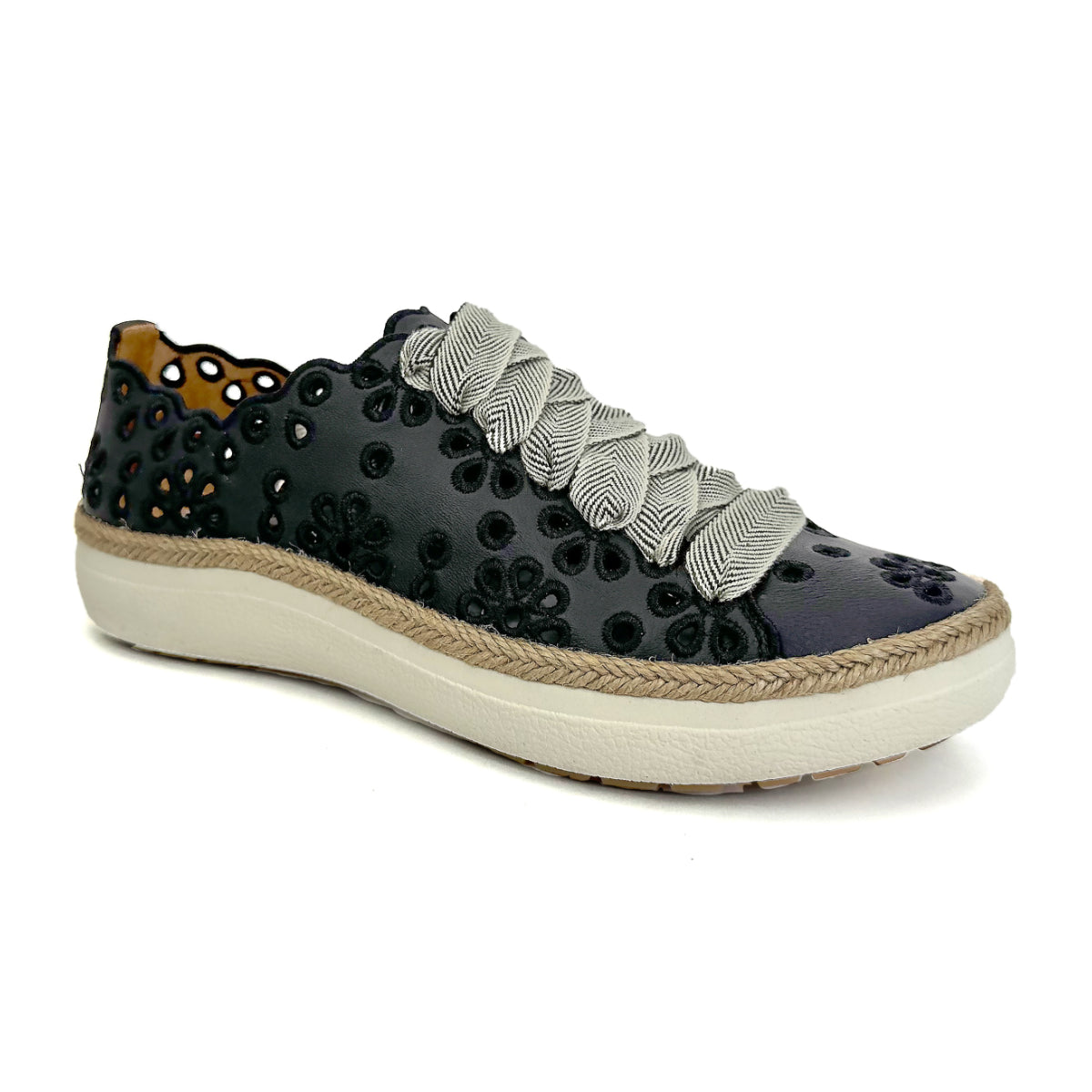 Classic black leather ballet flat with a rounded toe, subtle wedge heel, and slip-on design, featuring a supportive cushioned insole for all-day foot comfort.