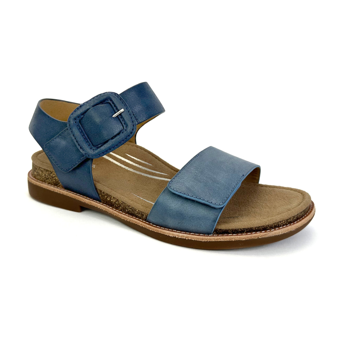 Navy leather sandal with two adjustable hook-and-loop straps, cushioned arch-support footbed, and low wedge heel, designed for stylish support.