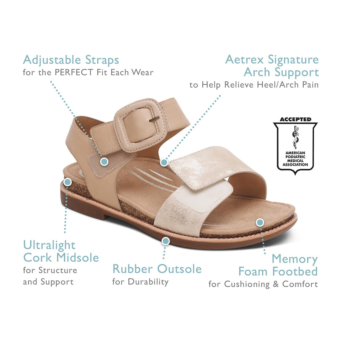 Aetrex Claire Women's Adjustable Strap Sandal – Champagne