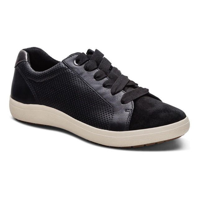 Black leather sneaker with lace-up closure, padded heel, and supportive arch-cushioned footbed, featuring a 1.25-inch sole and rubber outsole for all-day comfort.