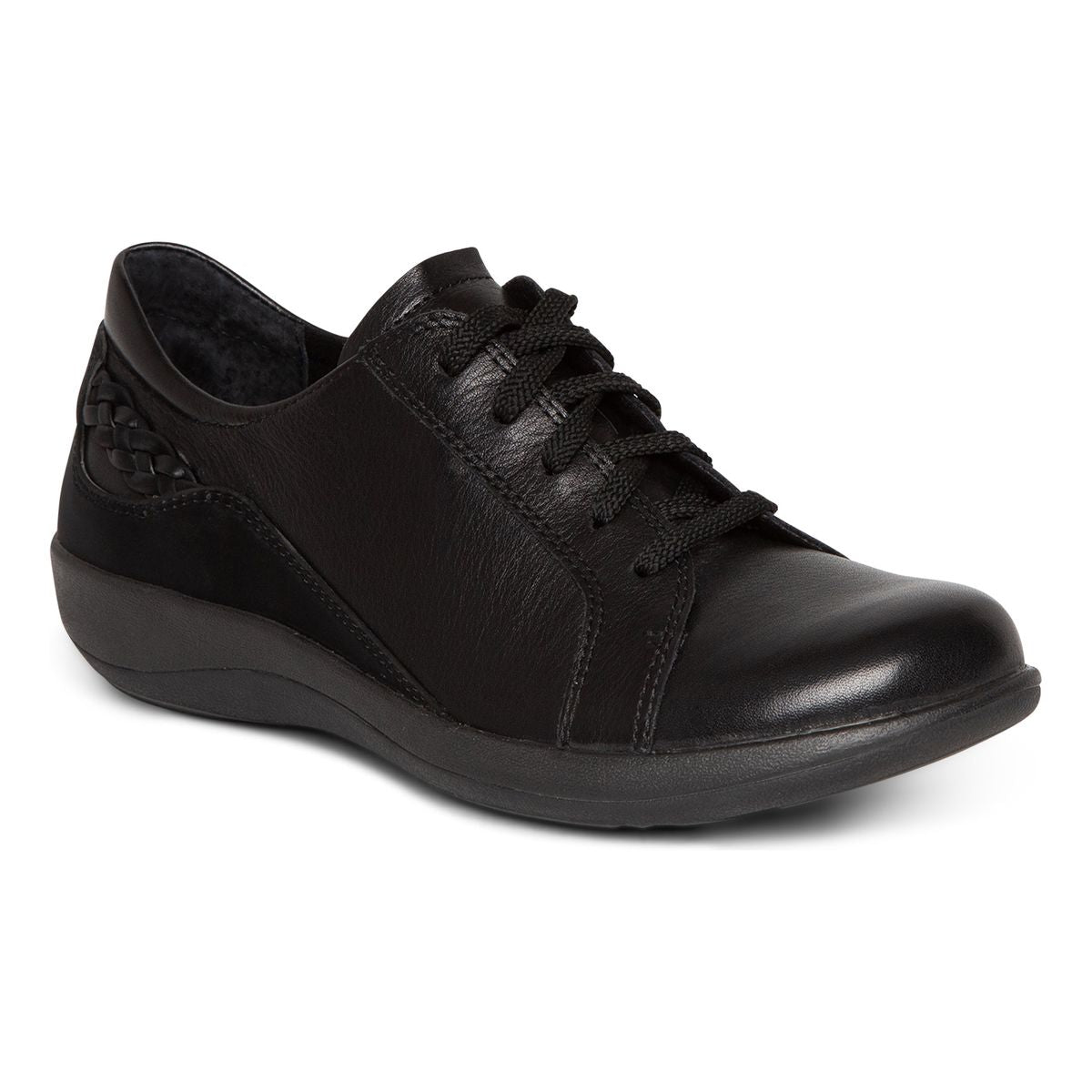 Black genuine leather Aetrex Dana lace-up shoe with clean design, sturdy rubber sole, adjustable laces, and subtle 1.3-inch heel, designed for orthotic comfort and foot support.