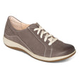 Side and top view of the Aetrex Dana Mushroom lace-up shoe in soft mushroom beige leather. The shoe features a padded heel, sturdy rubber sole, and classic lace-up design.