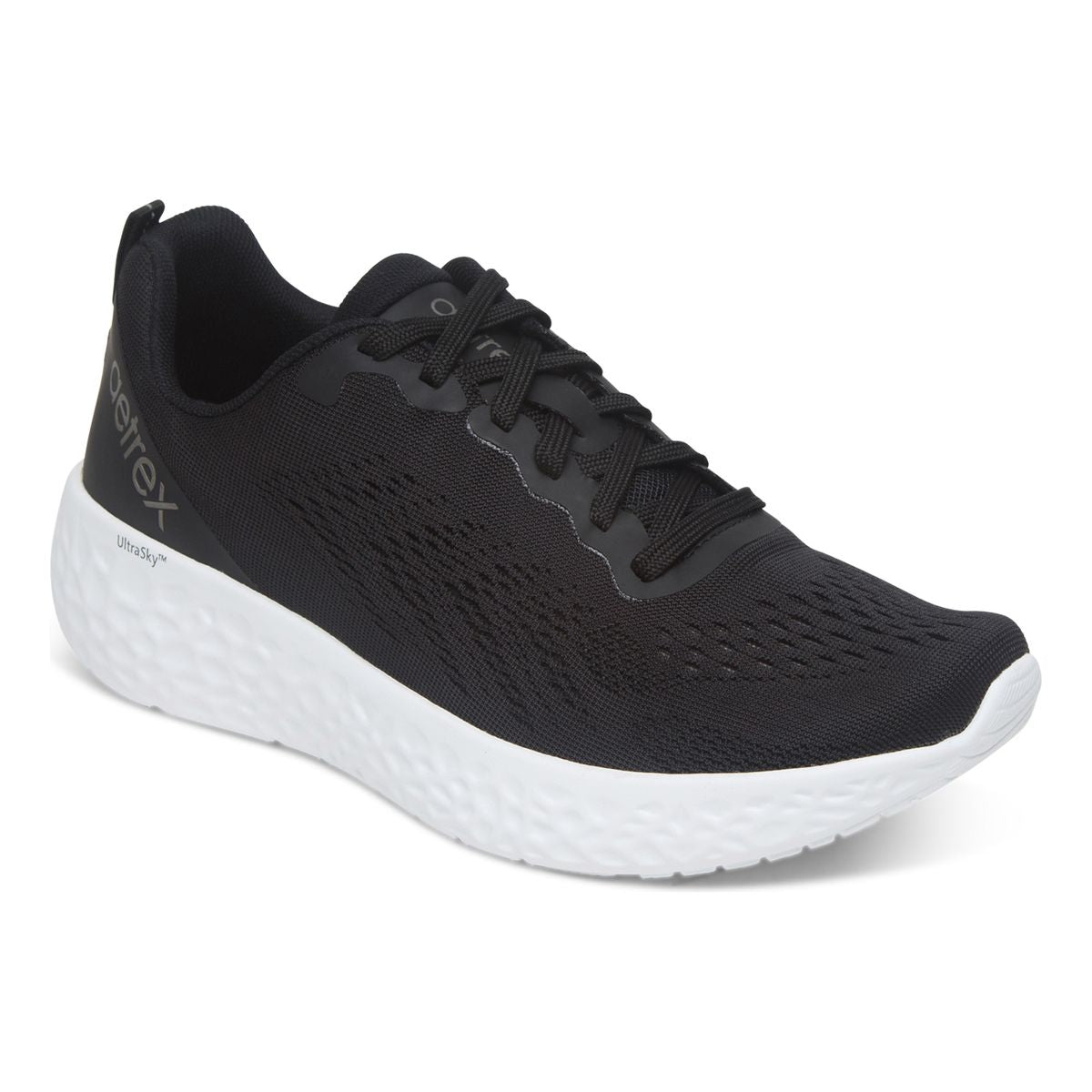 Front and side views of the Aetrex Danika Black Wide sneaker featuring breathable black mesh upper, padded collar, and durable rubber outsole with traction pods.