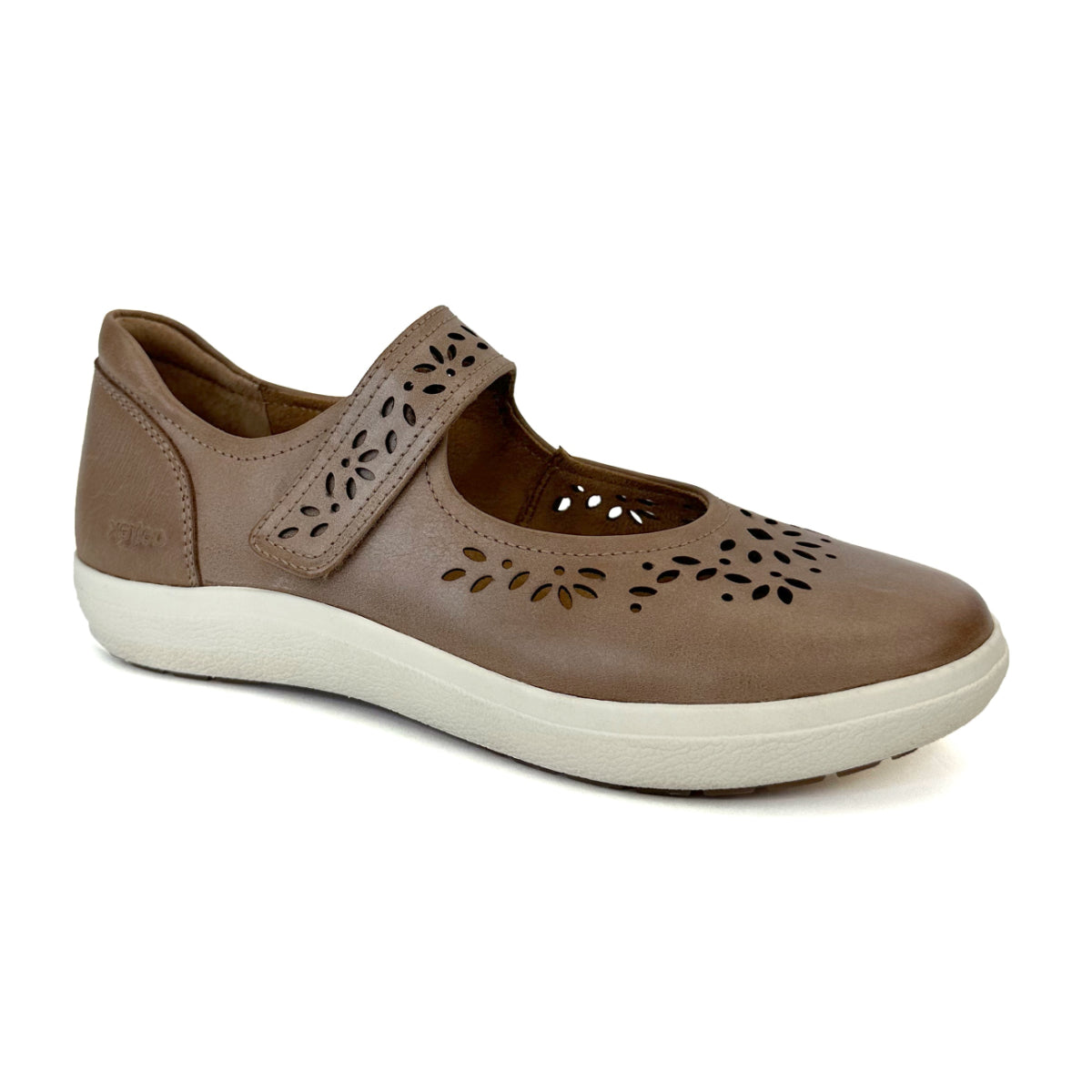 Side-angle view of the Aetrex Erica Tan Cutout — a tan leather Mary Jane-style sneaker with decorative cutouts, hook-and-loop velcro strap, memory foam footbed, and rubber outsole.