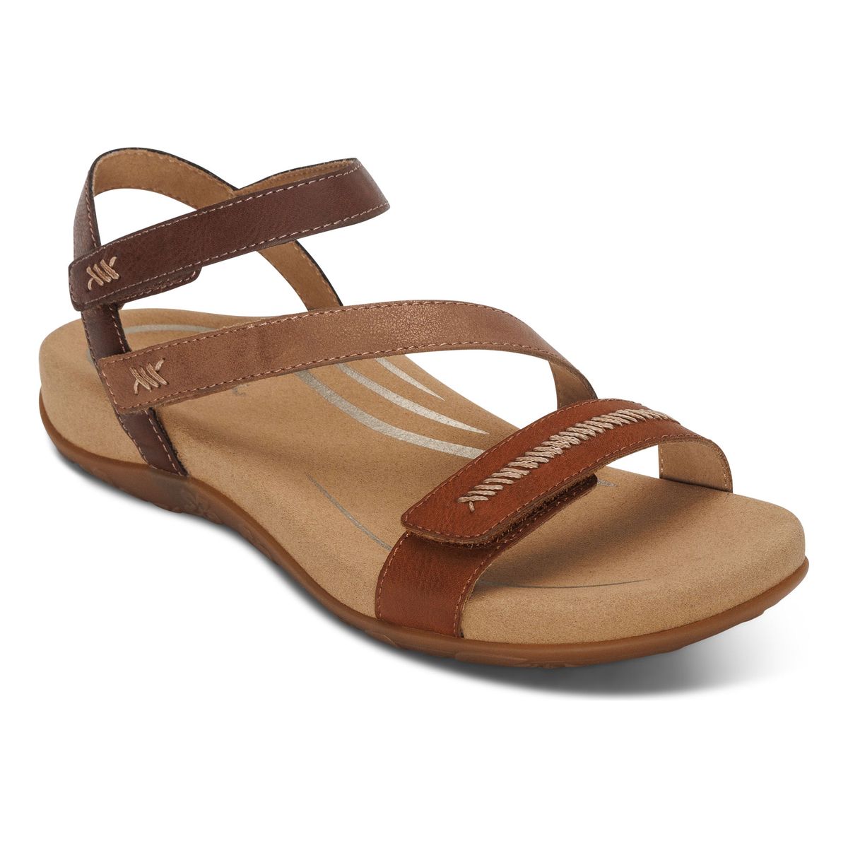 Multi-tone cognac faux leather sandal with three adjustable hook-and-loop straps, cushioned memory foam midsole, low 1.1" heel, and built-in orthotic arch support for everyday comfort and style.