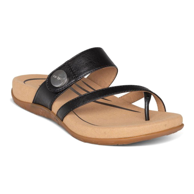 Black faux leather toe thong sandal with adjustable hook and loop strap, cushioned memory foam footbed, built-in orthotic arch support, and rubber outsole for summer comfort and support.