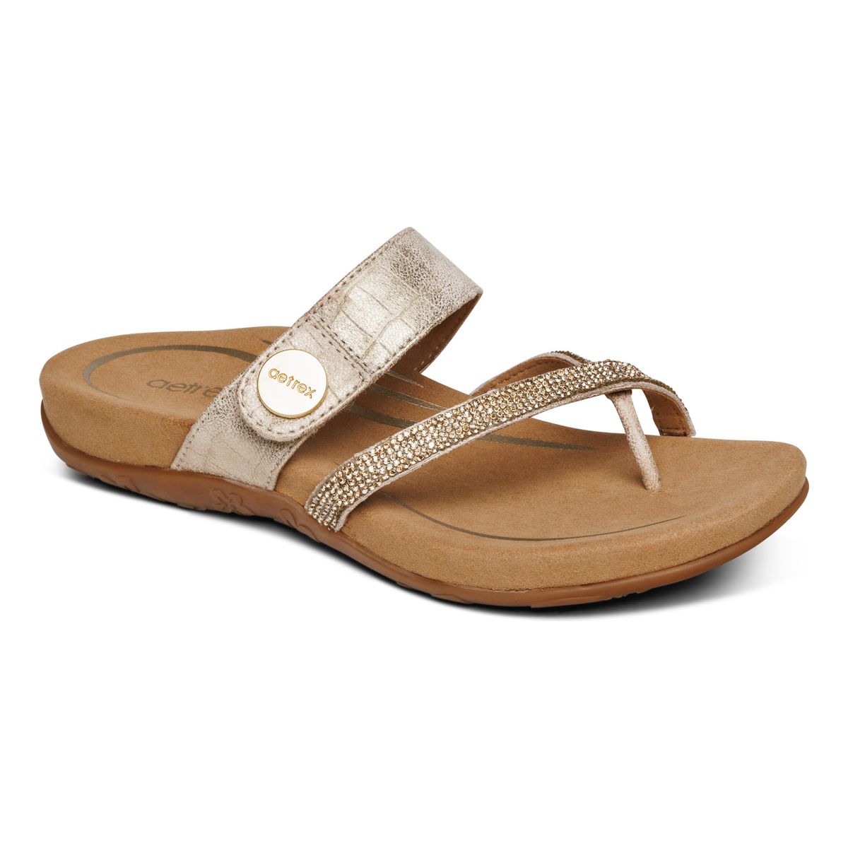 Gold sparkle faux leather toe thong sandal with contoured memory foam footbed, built-in orthotic arch support, and flexible rubber outsole designed for stylish summer comfort and foot pain relief.