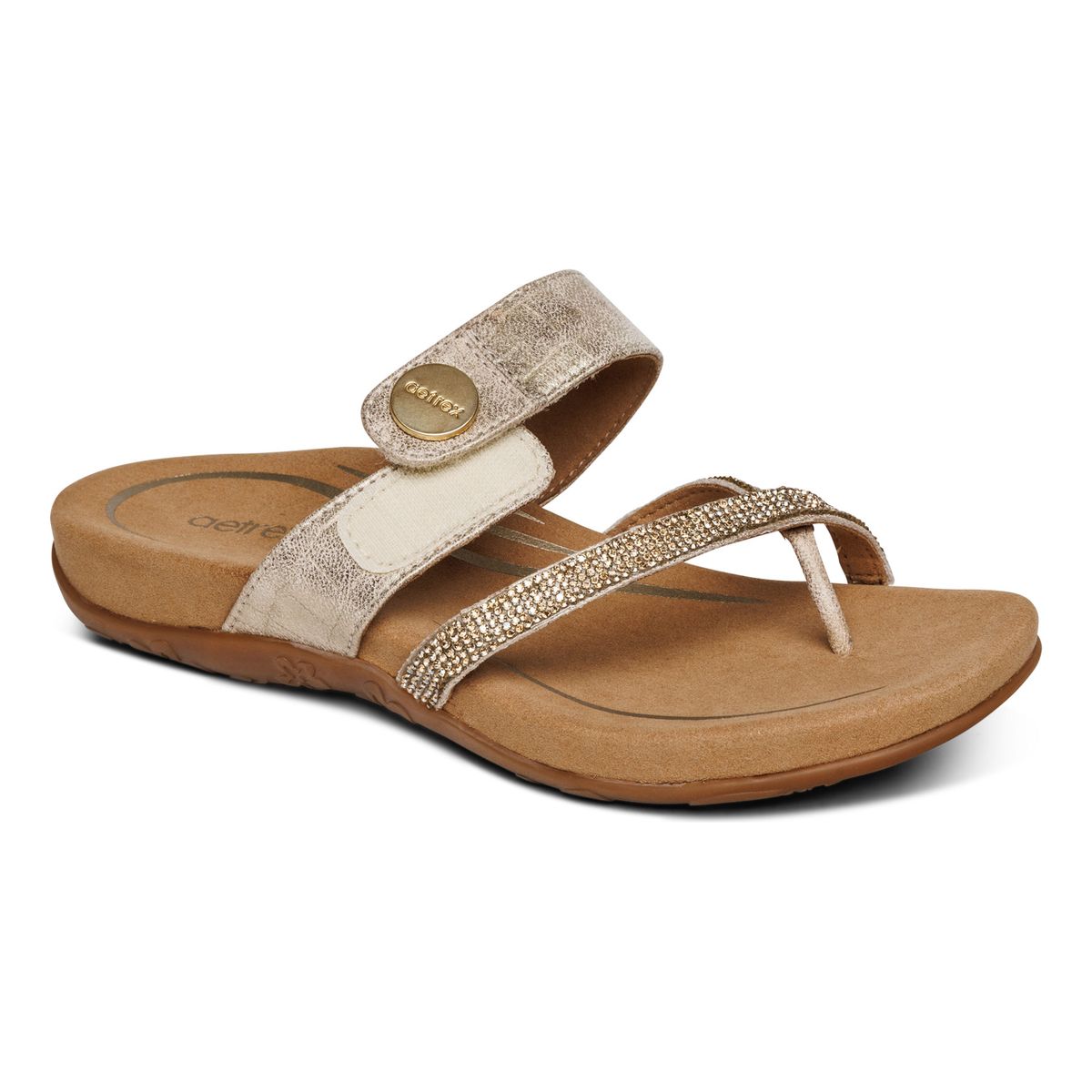 Aetrex Izzy Women's Adjustable Slide Sandal in Gold Sparkle