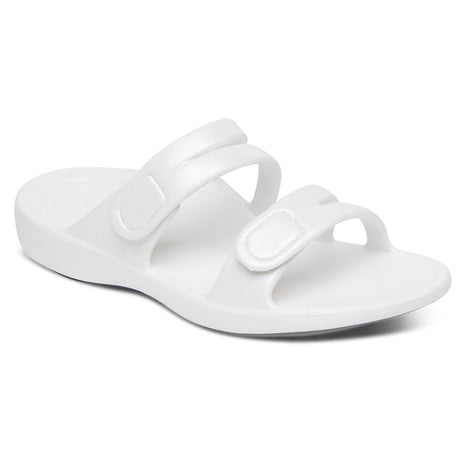 White water-friendly sandal with cushioned UltraSky™ sole, two adjustable hook and loop straps, built-in arch support, and contoured heel cradle for pain relief and all-day comfort.