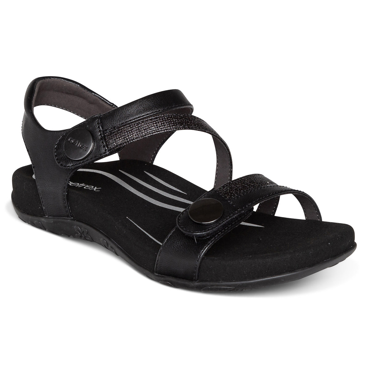 Black sandal with two fully adjustable hook and loop straps, contoured cushioned footbed, built-in arch support, and a lightweight rubber outsole for everyday comfort and pain relief.