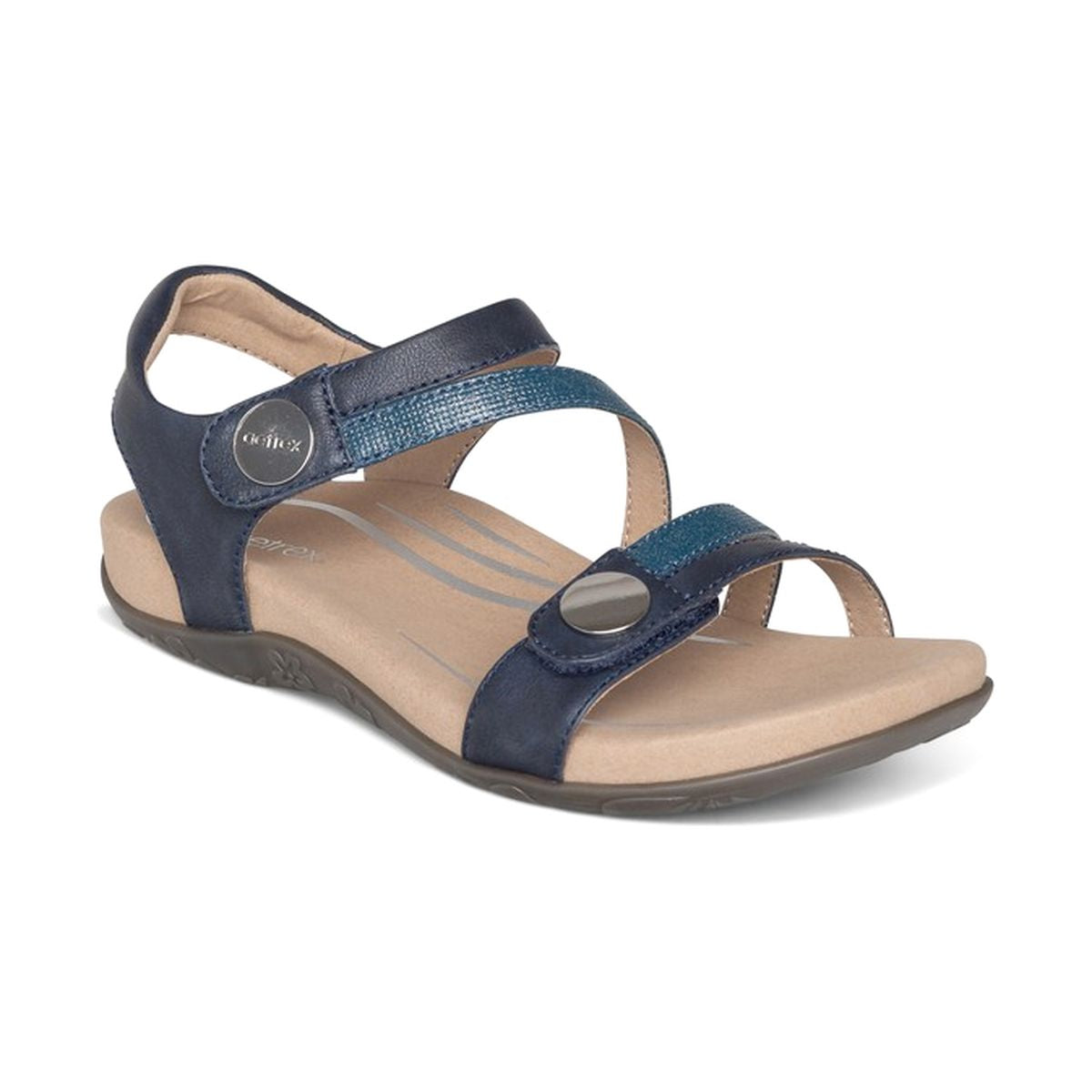 Navy sandal with two fully adjustable straps, cushioned contoured footbed, built-in arch support, and lightweight sole designed for everyday comfort and pain relief.