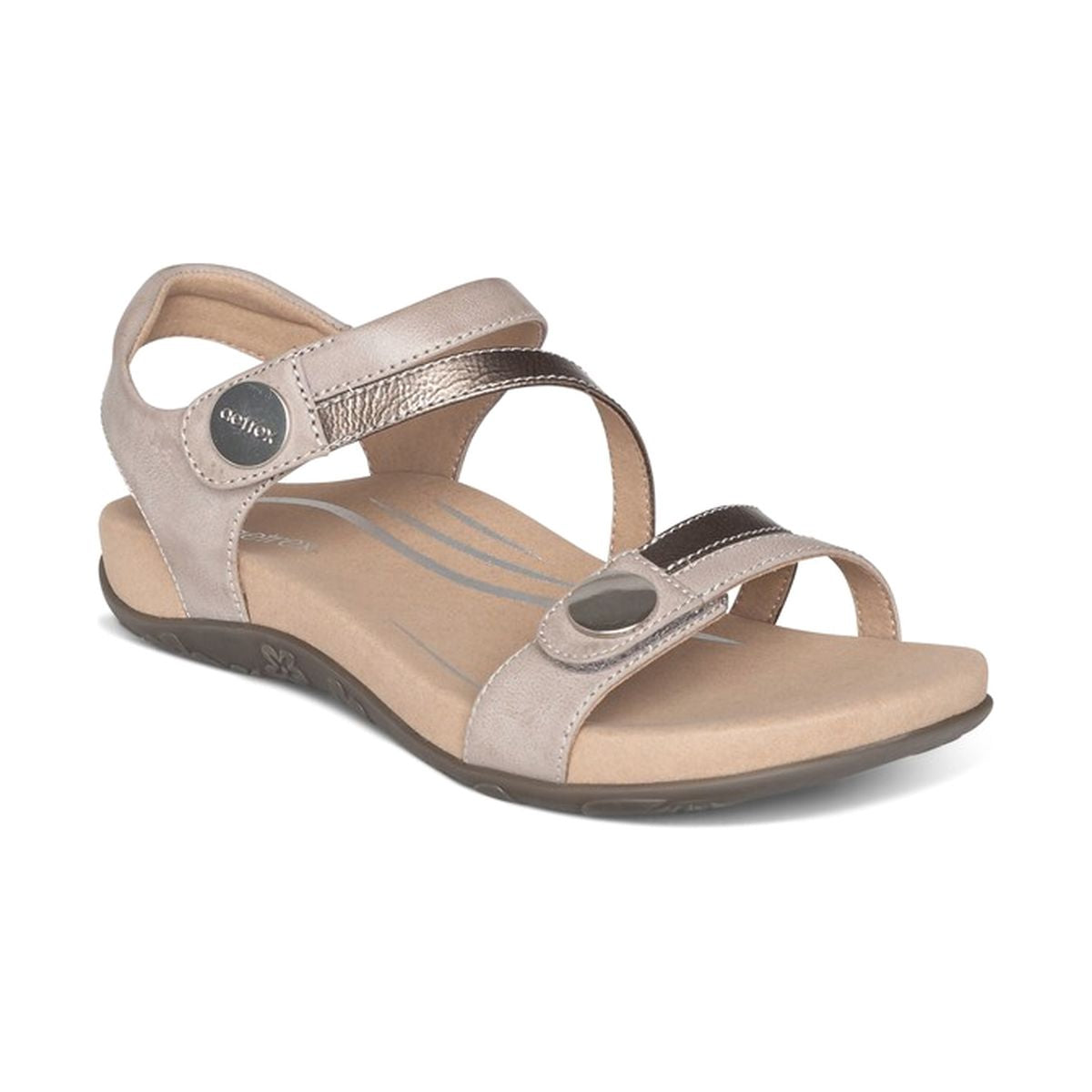 Smoke grey faux leather sandal with two adjustable straps, padded ankle collar, cushioned memory foam footbed, and built-in arch support for all-day relief and comfort.