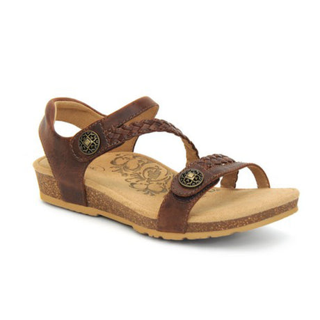 Brown leather sandal in a walnut tone with two wide adjustable hook-and-loop straps across the foot, padded heel strap, contoured footbed with built-in arch support, and low cork-rubber sole designed for comfort and pain relief.