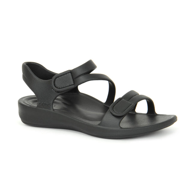 Black water-friendly sandal with two adjustable hook-and-loop straps, contoured footbed with arch support, and lightweight EVA construction designed for pain relief and summer wear in wet or dry conditions.
