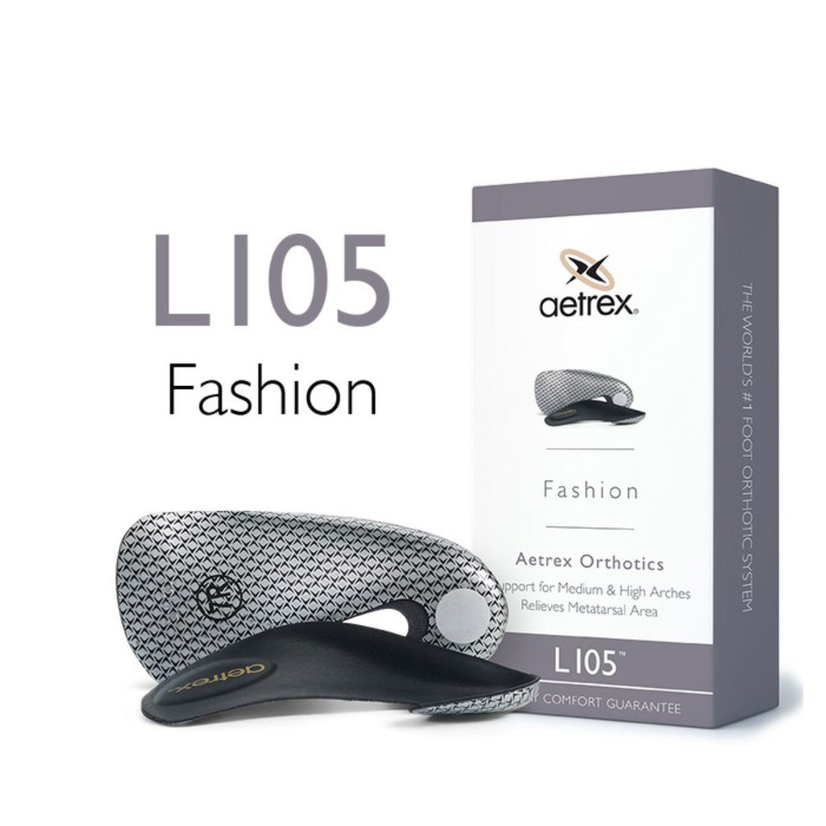 Women’s Aetrex Fashion Orthotic C/N shown from an angle, highlighting its sleek, thin shape and contoured arch—designed to fit discreetly into heels and dress shoes.