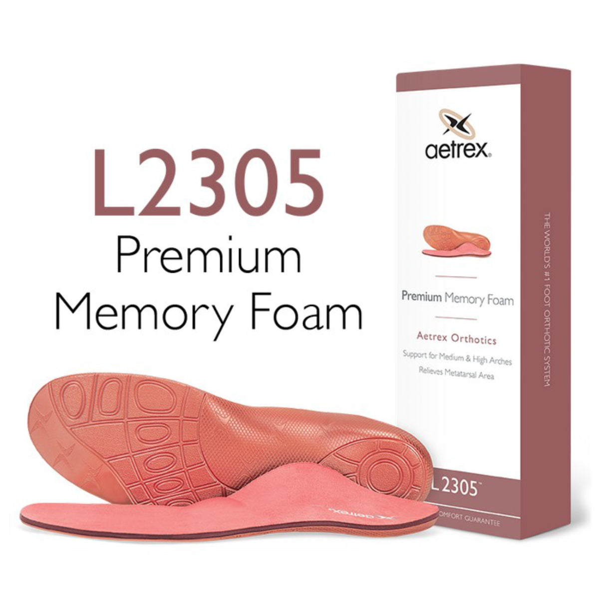Women’s Aetrex Premium MFO C/S Orthotic featuring a copper-toned antimicrobial microfiber top, built-in metatarsal pad, deep heel cup, and thick forefoot memory foam layer designed to cushion and support high arches and relieve forefoot pressure.