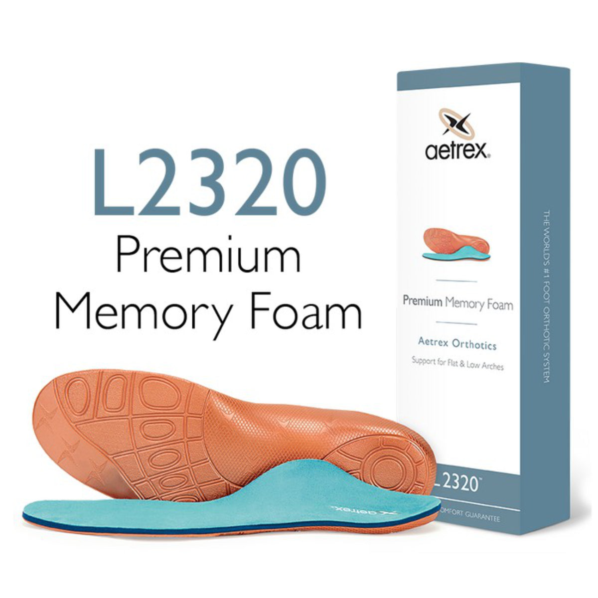 Men’s Aetrex Premium MFO C/S Orthotic for flat feet and low arches, featuring extra memory foam cushioning, posted heel for over-pronation control, and a breathable antimicrobial top cover.
