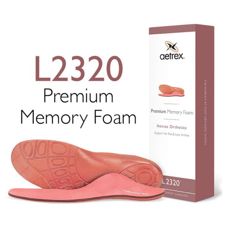 Women’s Aetrex Premium MFO C/S Orthotic designed for low arches and flat feet, featuring a posted heel, plush memory foam forefoot, and antimicrobial copper-toned top cover for everyday use.