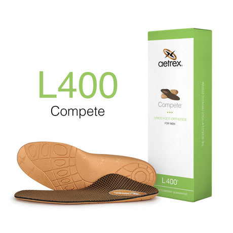 Men’s Aetrex Sport Orthotic insole in black with tri-density layers, featuring Pro-Shox® cushioning, a moisture-wicking top layer, and built-in arch support for athletic and walking shoes.
