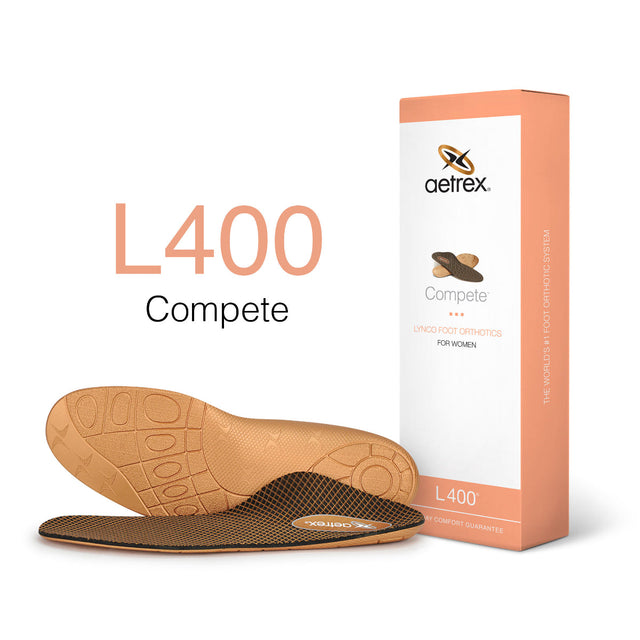 Aetrex Sport Orthotic insole with tri-density layers, featuring Pro-Shox® cushioning and CopperGuard® antimicrobial lining designed for athletic and walking shoes to relieve foot pain and provide shock absorption.