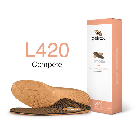 Women’s Aetrex Sport Orthotic insole with arch support and a firm posted heel, designed in sleek black with copper-toned accents. Engineered to control overpronation and reduce pain from flat feet, heel stress, and plantar fasciitis.