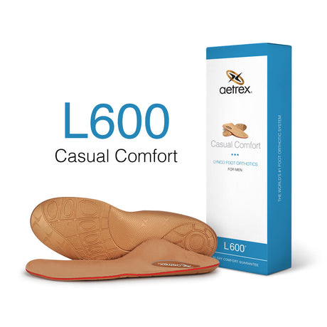 Orthotic insoles with a smooth, copper-toned top layer and contoured arch support, shown side by side on a white background; built for everyday sneakers and casual shoes.