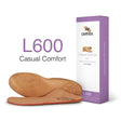 A pair of casual orthotic insoles designed with a breathable copper-colored top layer, cushioned foam body, and contoured arch support; shaped to fit into sneakers and casual shoes for all-day comfort.