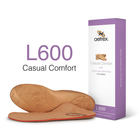 A pair of casual orthotic insoles designed with a breathable copper-colored top layer, cushioned foam body, and contoured arch support; shaped to fit into sneakers and casual shoes for all-day comfort.