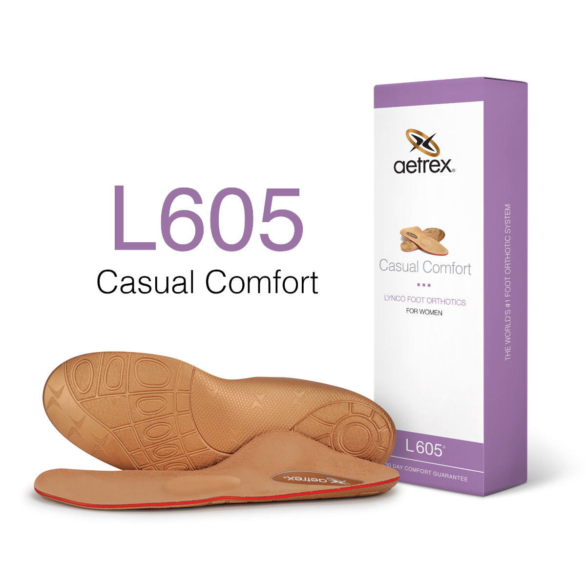 Orthotic insoles with a smooth, copper-toned top layer and contoured arch support, shown side by side on a white background; built for everyday sneakers and casual shoes.