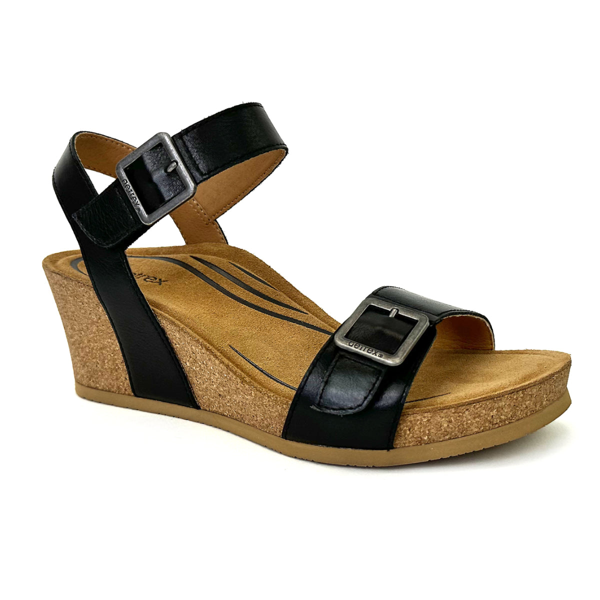 Ivory leather wedge sandal with two adjustable hook-and-loop straps and a padded heel strap, contoured memory foam footbed with built-in arch support, and a 2.5" cork wedge sole with rubber bottom for grip. Style #CK110W