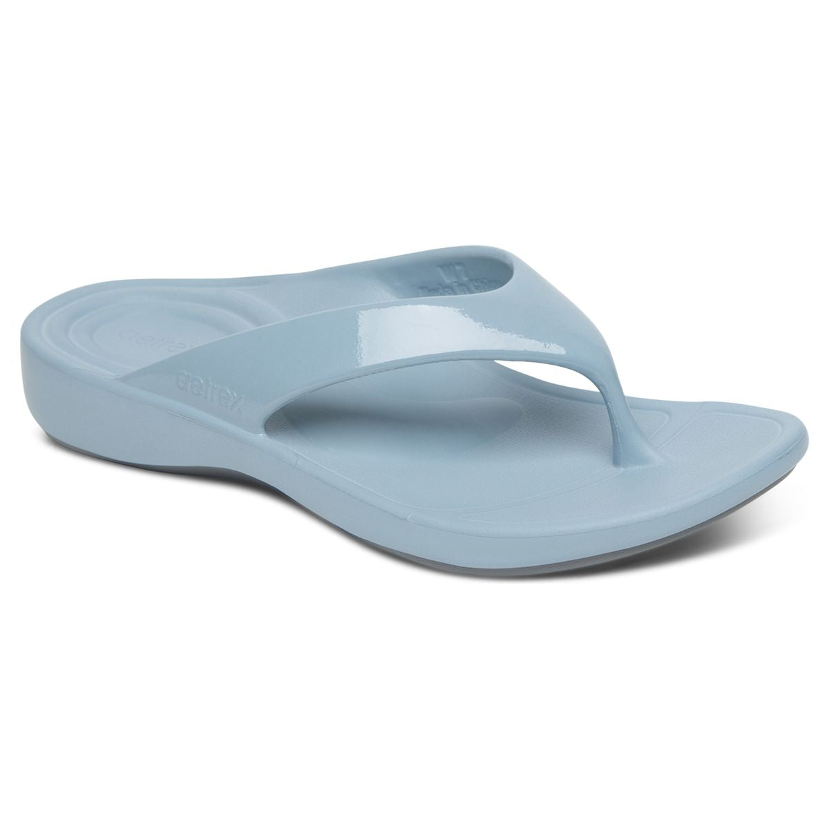Bright blue EVA thong sandal with contoured footbed, built-in arch support, soft toe post, and dual-density cushioning zones under heel and ball of foot. Lightweight and water-safe. Style #L3030W