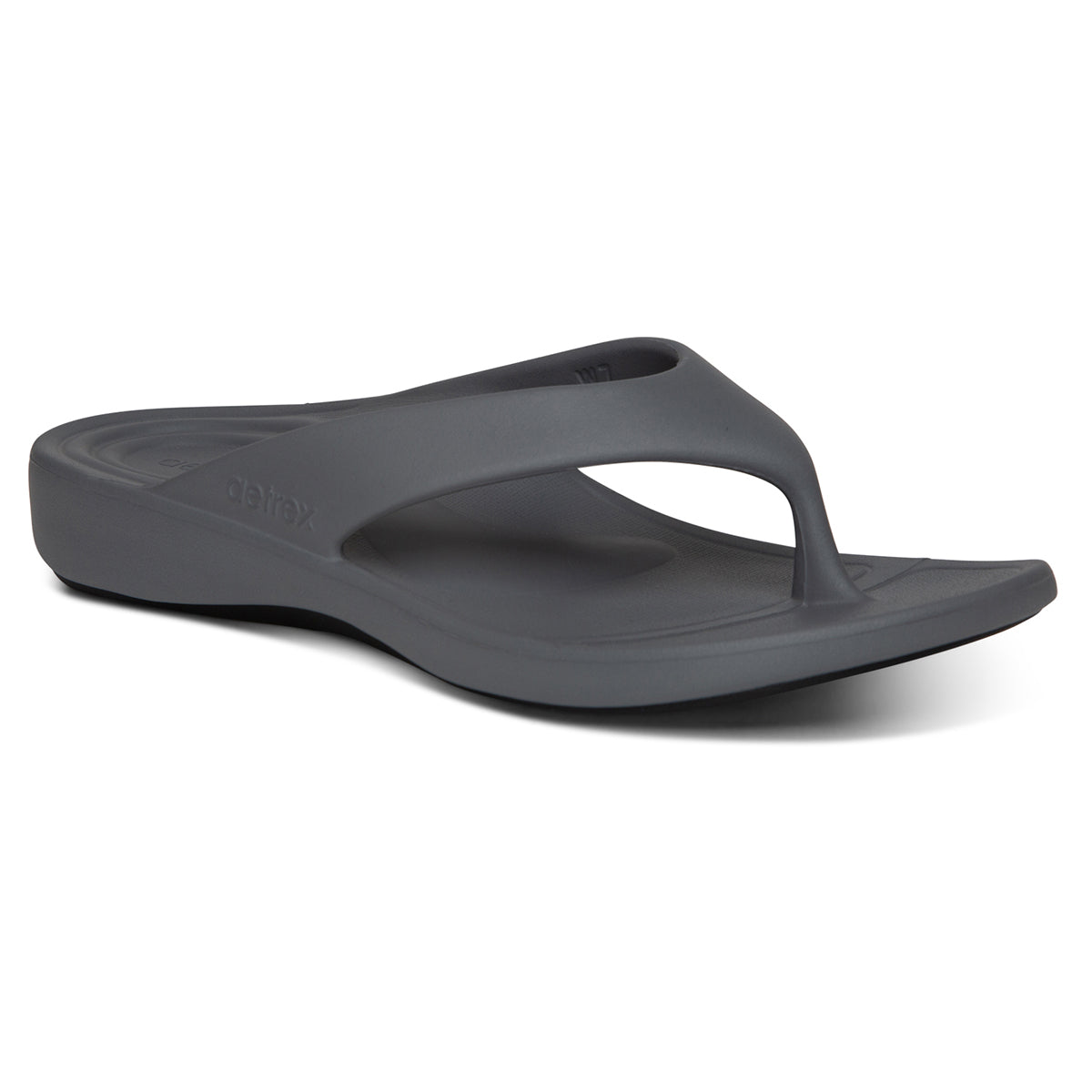 Grey EVA foam flip-flop with contoured heel, soft toe post, and textured footbed. Designed with built-in arch support and dual-density sole for shock-absorbing comfort and water-friendly wear. Style #L3100W