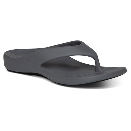 Grey EVA foam flip-flop with contoured heel, soft toe post, and textured footbed. Designed with built-in arch support and dual-density sole for shock-absorbing comfort and water-friendly wear. Style #L3100W