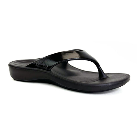 Glossy black EVA thong sandal with contoured footbed, soft toe post, built-in arch support, and dual-density cushioning zones in the heel and forefoot. Lightweight, water-safe design for everyday wear. Style #L3030W