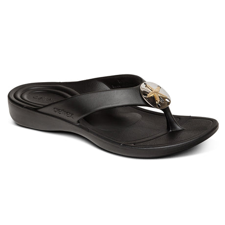 Black Aetrex Maui Starfish sandal showing contoured arch support, soft toe post, and durable dual-density outsole designed for water use and comfort.