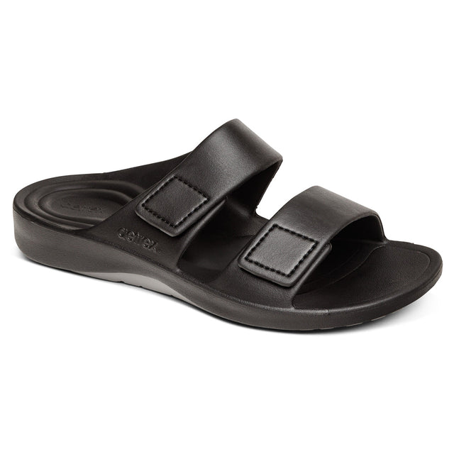 Black Aetrex Milo’s men’s sandal with dual hook & loop closures, contoured heel cradle, UltraSky™ cushioning, and water-friendly sole.