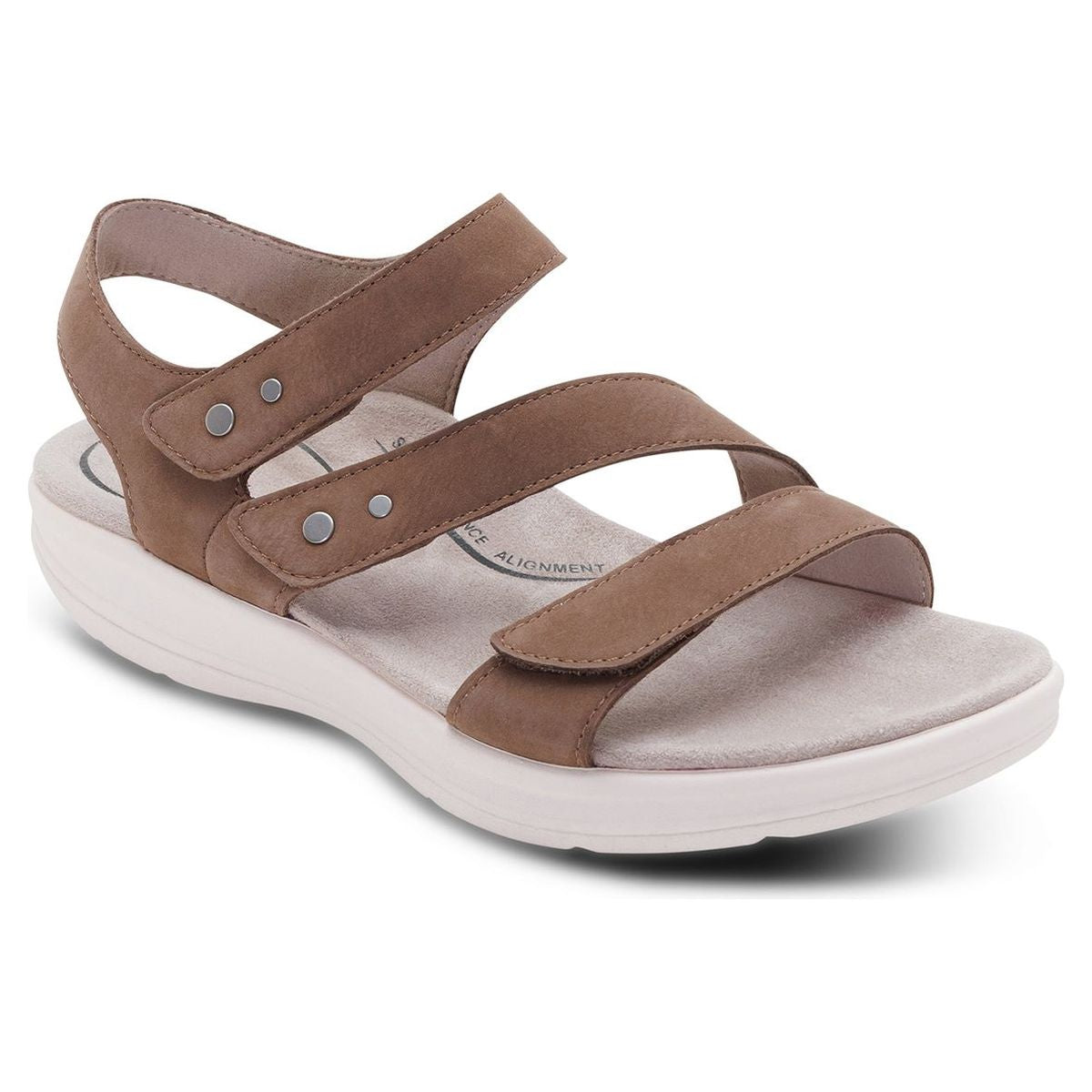 Taupe leather quarter-strap sandal with three adjustable hook-and-loop straps and a cushioned white sole. Style #EN2004