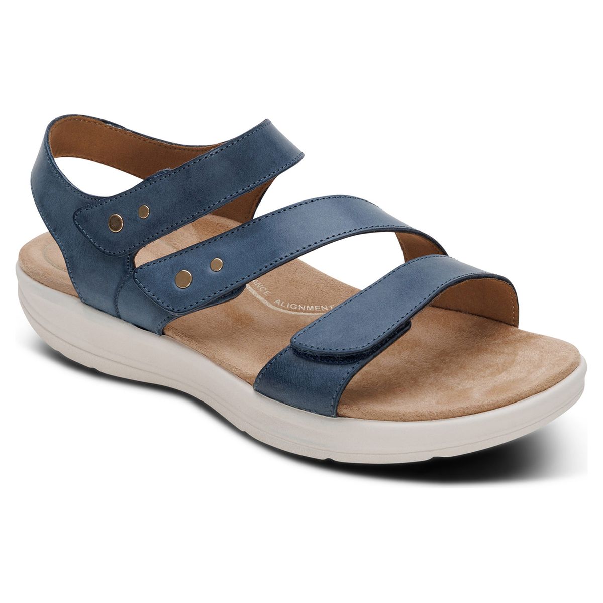 Women's blue leather sandal with three adjustable hook-and-loop straps, metallic stud accents, and a white sole. Style #EN2008