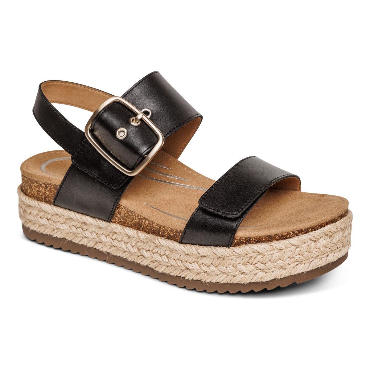 Black open-toe sandal with two wide leather straps, hook & loop closures, and stretchy gore insert. Features a 2-inch cork and rubber wedge heel with built-in arch support and a cushioned microfiber footbed.
