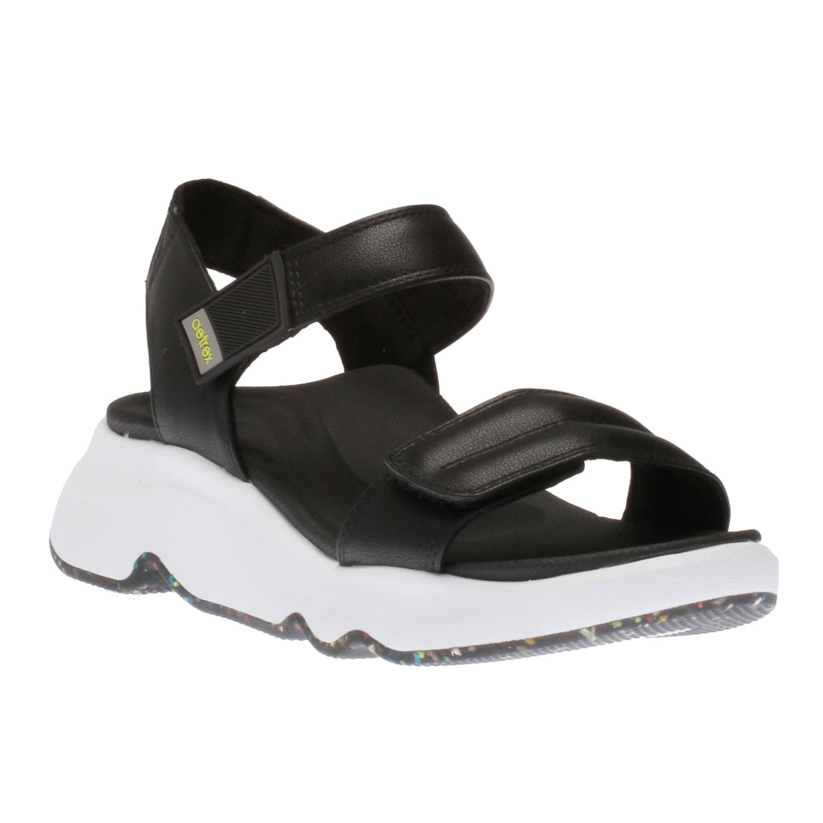 Black sport sandal with three adjustable hook & loop straps, contoured cushioned footbed, and 1.8-inch wedge heel. Designed with water-friendly materials and built-in arch support for stability and comfort.