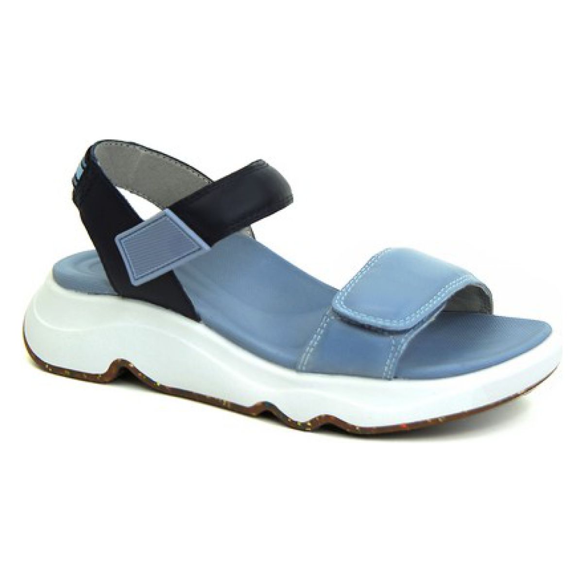 Blue water-friendly sport sandal featuring three adjustable hook & loop straps, contoured cushioned footbed, and 1.8-inch heel. Designed with built-in arch support and antimicrobial faux leather upper.