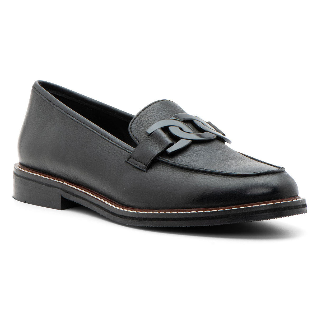 Ara Kyle II black leather loafer with chic chain detail, HighSoft cushioning, and flexible sole for stylish all-day comfort. Style # 11203-10