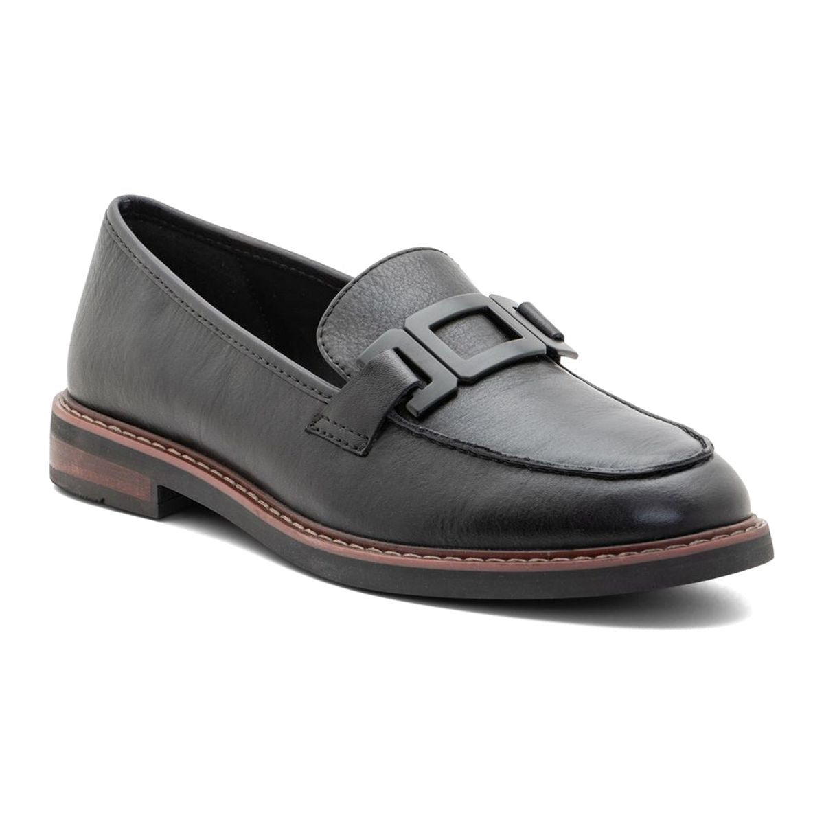 Glossy black leather slip-on shoe with a low wedge heel, subtle shine, and a modern silhouette designed for stylish comfort and everyday support. Style #11252-81