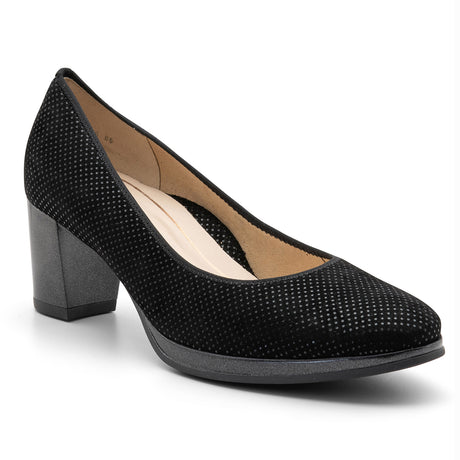 Black textured leather Ara Ophelia block heel pump. 13436-86