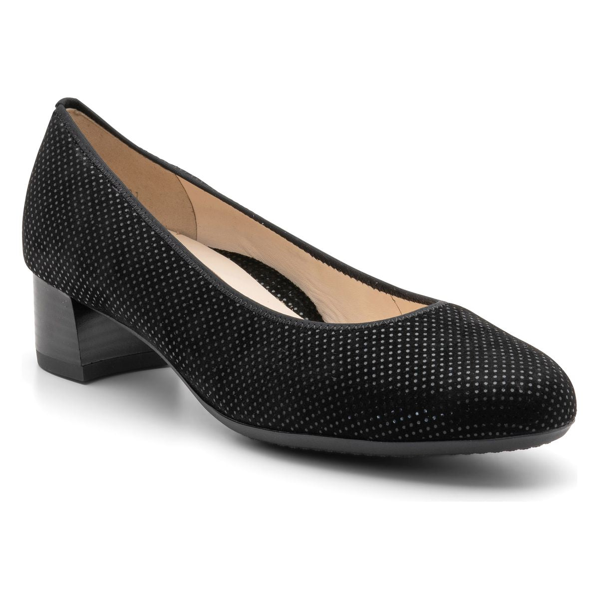 Classic black leather women's pump with a 35 mm block heel, elastic topline, and cushioned insole for elegant all-day comfort. Style #16601‑91