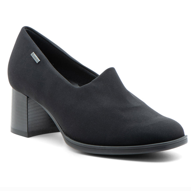 Women’s black leather pump with softly rounded toe, modest block heel, and smooth finish. Features a waterproof GORE‑TEX membrane, cushioned insole, and flexible sole for comfortable, elegant wear in any weather. Style #22306-01