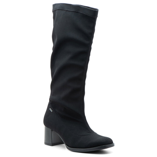 Black mid-height boot with a sleek black upper and concealed GORE-TEX waterproof membrane, featuring a removable insole and traction-ready outsole. Style #22308-01