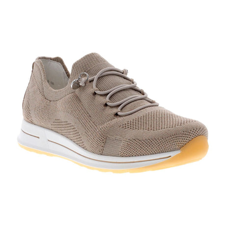 Women’s slip‑on sneaker in soft taupe stretch‑knit with rounded toe, elasticized side panels, and removable cushioned insole. Features a lightweight flexible sole and breathable construction for comfortable, versatile everyday wear. Style #24810-08